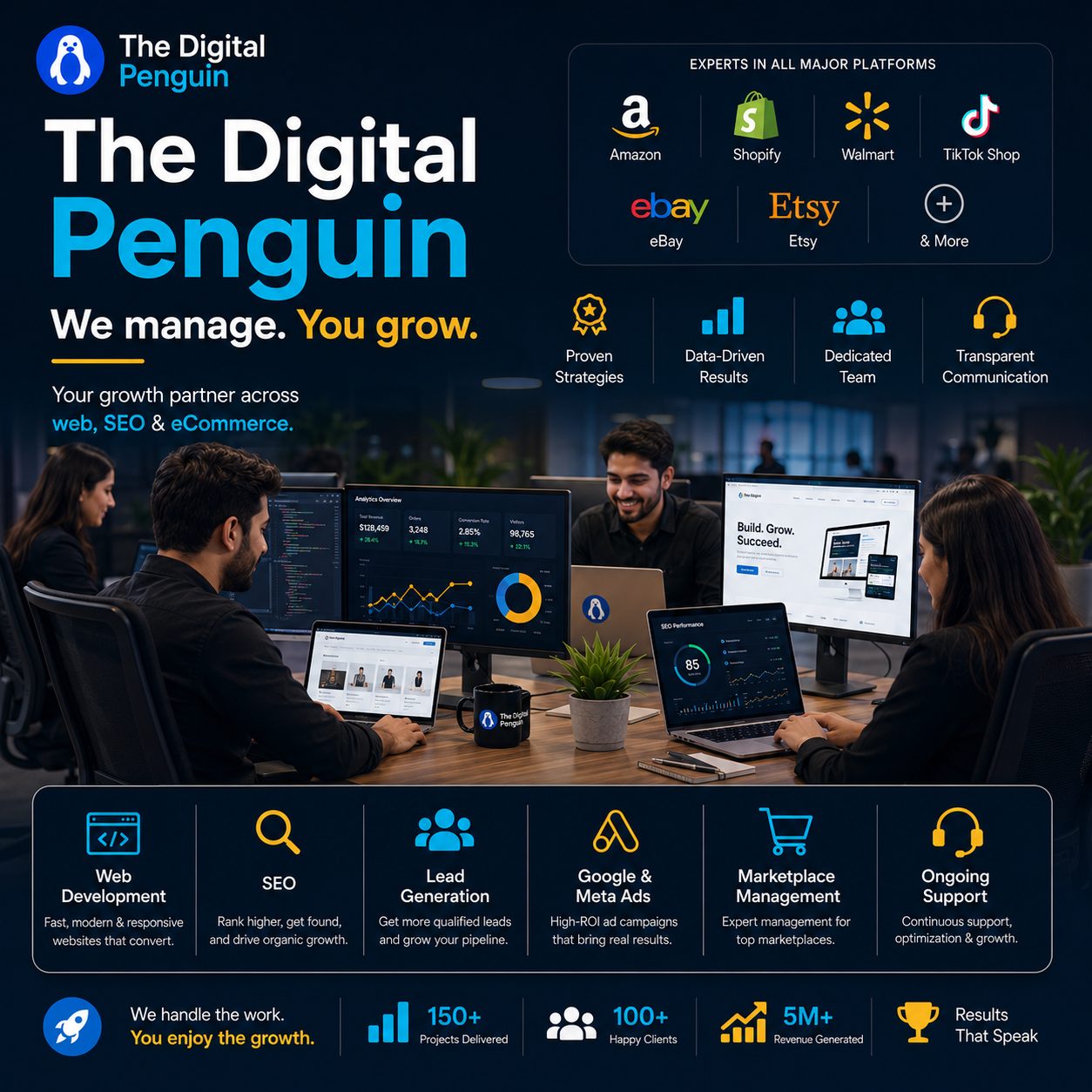 The Digital Penguin team delivering digital marketing, web development, SEO, and eCommerce store management