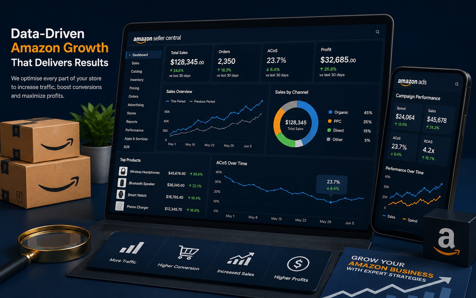 Data-driven Amazon growth dashboard showing total sales, orders, ACoS, and profit, plus Amazon Ads campaign performance on mobile