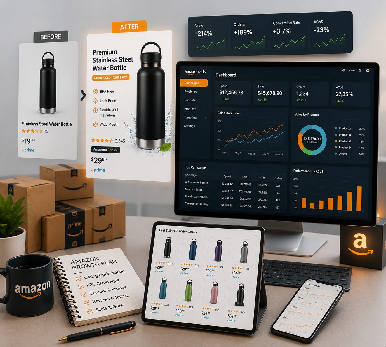 Amazon before-and-after product listing optimisation beside an Amazon Ads dashboard showing sales up 214% and ACoS down 23%