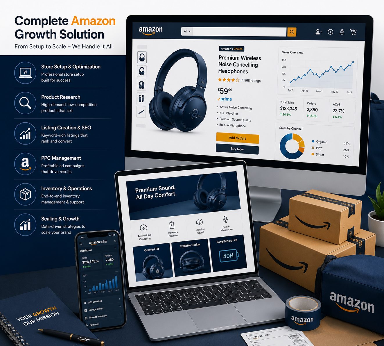 Complete Amazon growth solution — store setup, product research, listing SEO, PPC management, inventory operations, and scaling, shown across desktop, laptop, and mobile