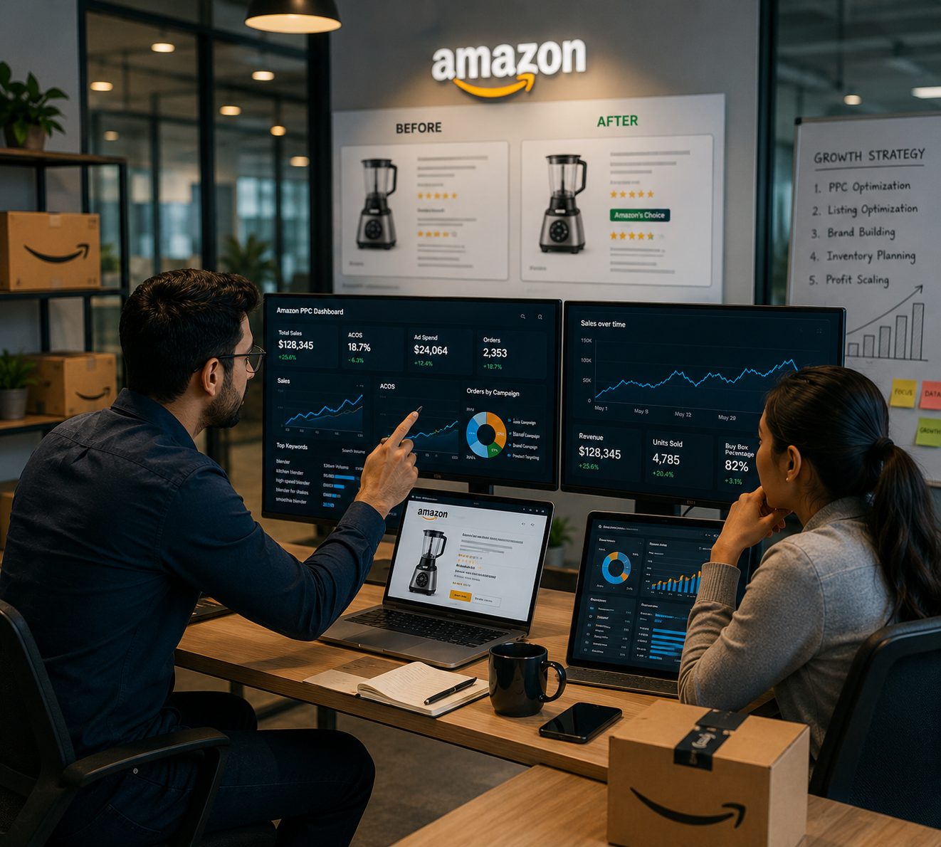 Digital Penguin team reviewing an Amazon PPC dashboard and a before-and-after product listing optimisation