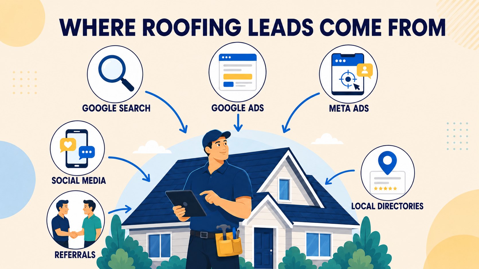 Where roofing leads come from - Google Search, Google Ads, Meta Ads, social media, referrals and local directories