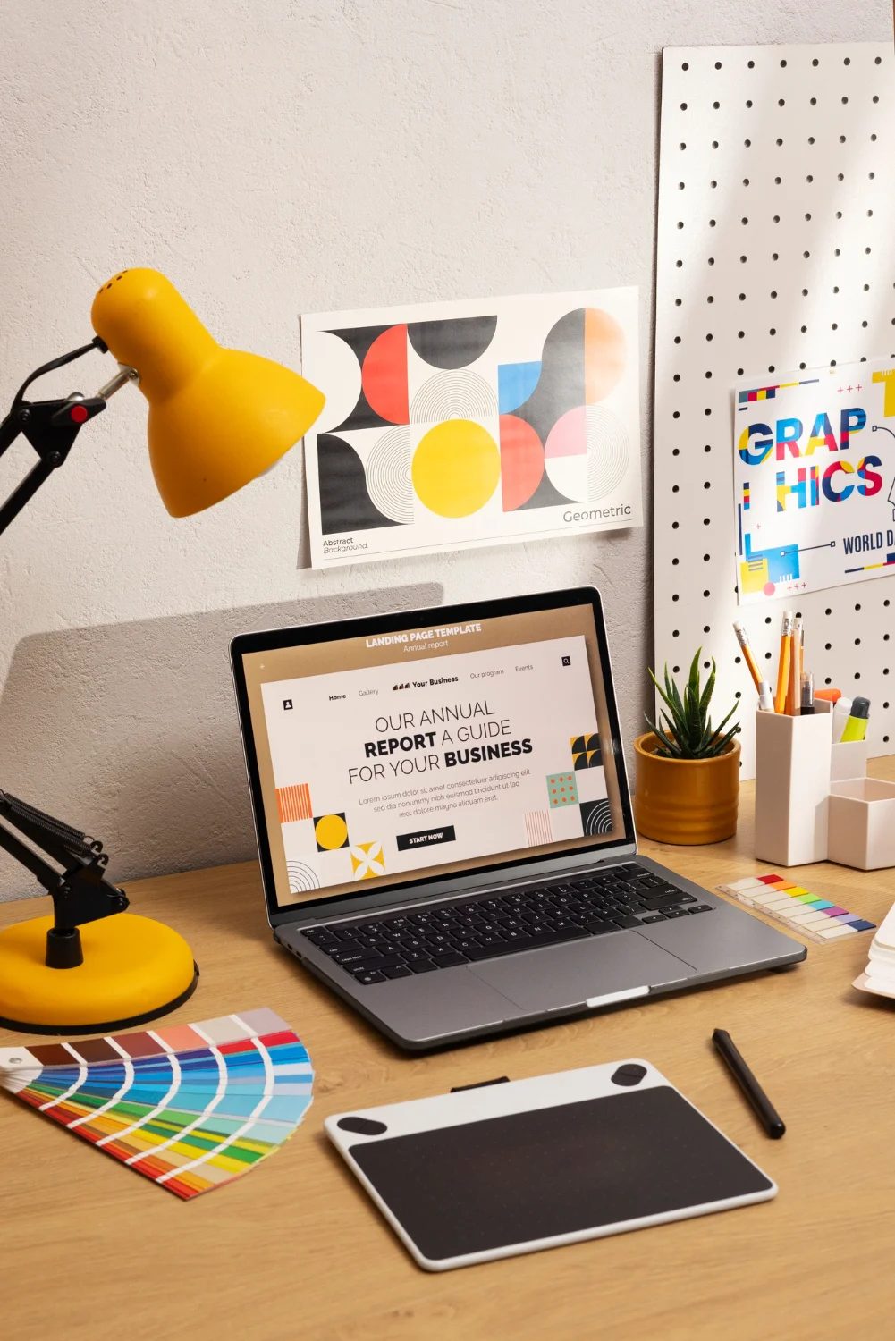 Brand creation in progress — color palettes, geometric explorations and layout drafts for the ANR Consulting identity