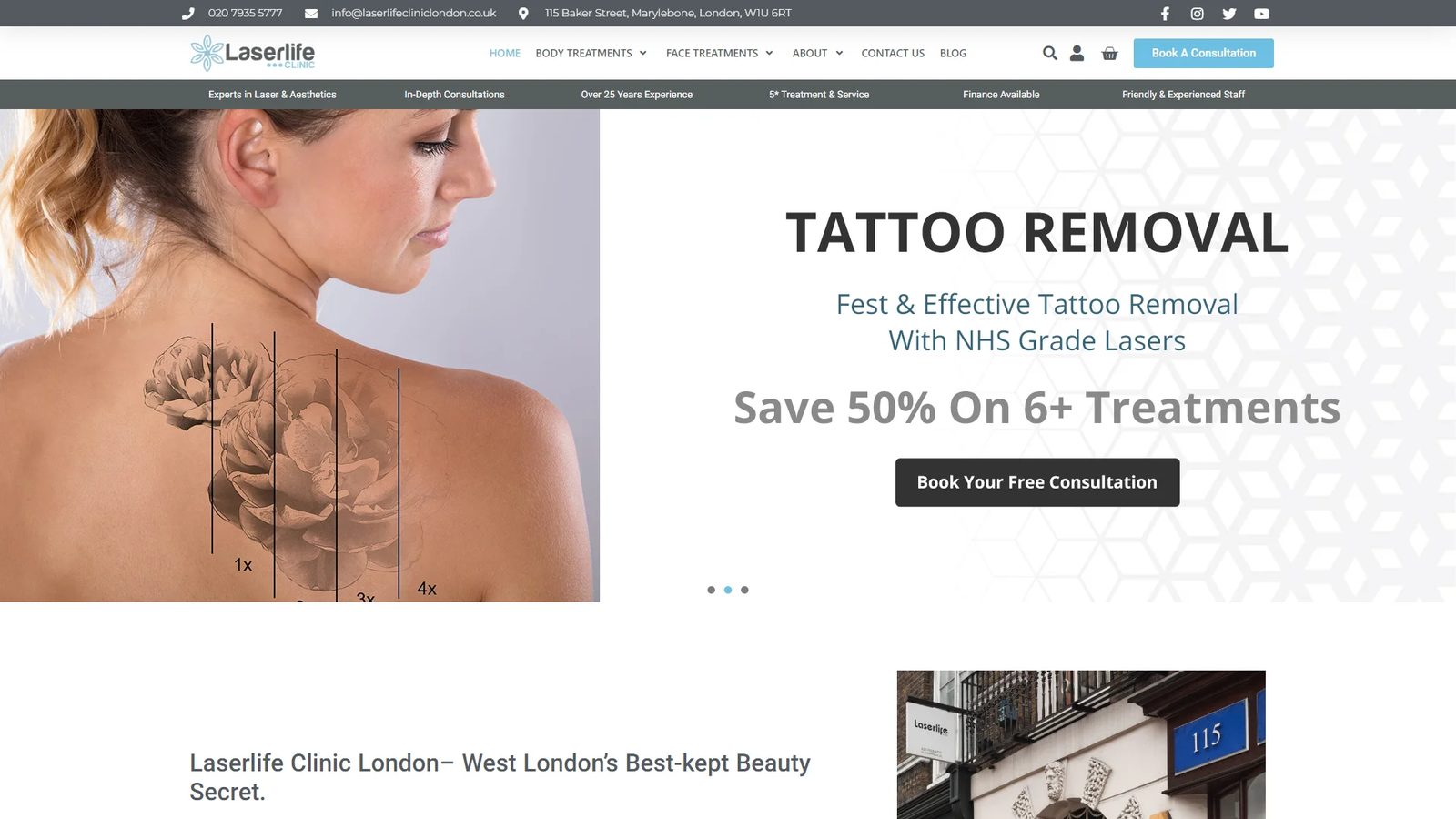 LaserLife Clinic London website after the redesign — clean modern hero, clear navigation and prominent booking call to action