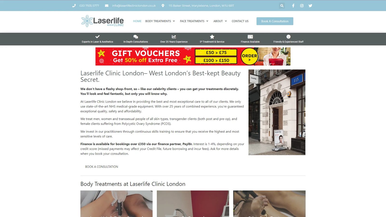 LaserLife Clinic London website before the redesign — dated layout with cluttered promotional banners