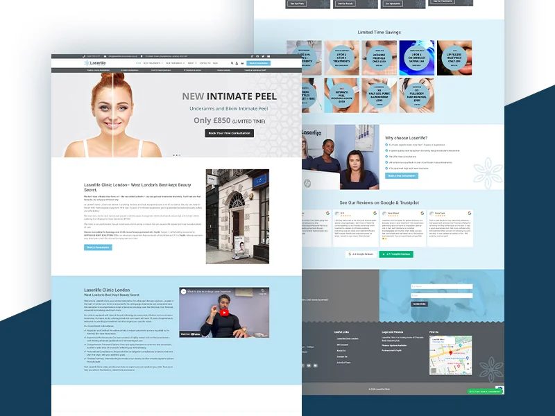 LaserLife Clinic London website redesign by The Digital Penguin — desktop pages showing treatments, offers and reviews