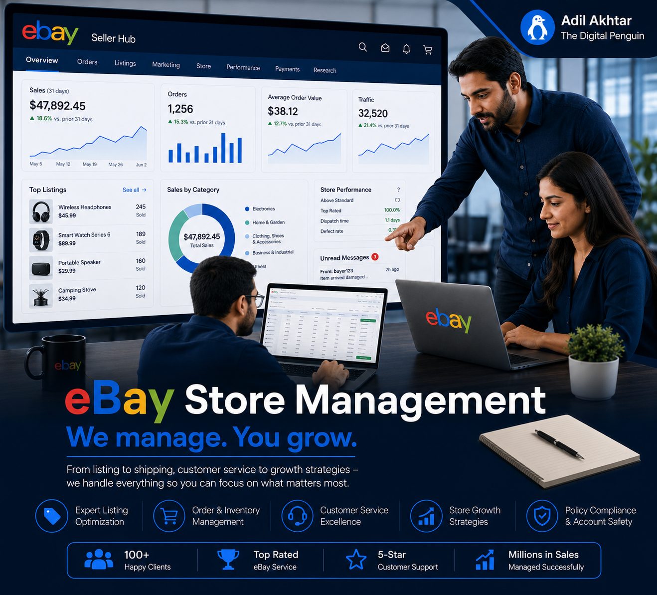 eBay Store Management Seller Hub dashboard and team by The Digital Penguin