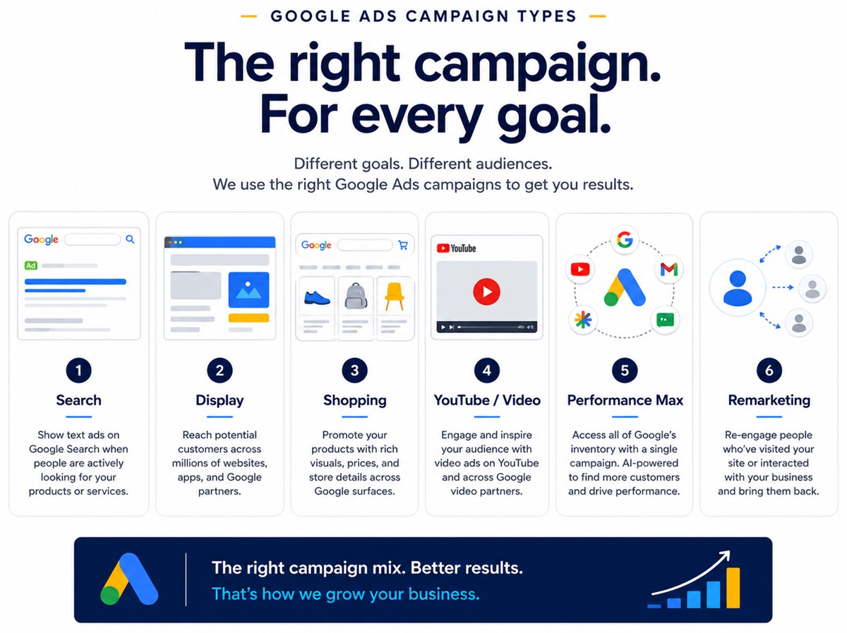 Google Ads campaign types: Search, Display, Shopping, YouTube, Performance Max, Remarketing