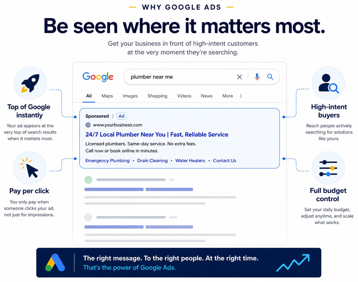 Why Google Ads — top of Google instantly, pay per click, high-intent buyers, full budget control