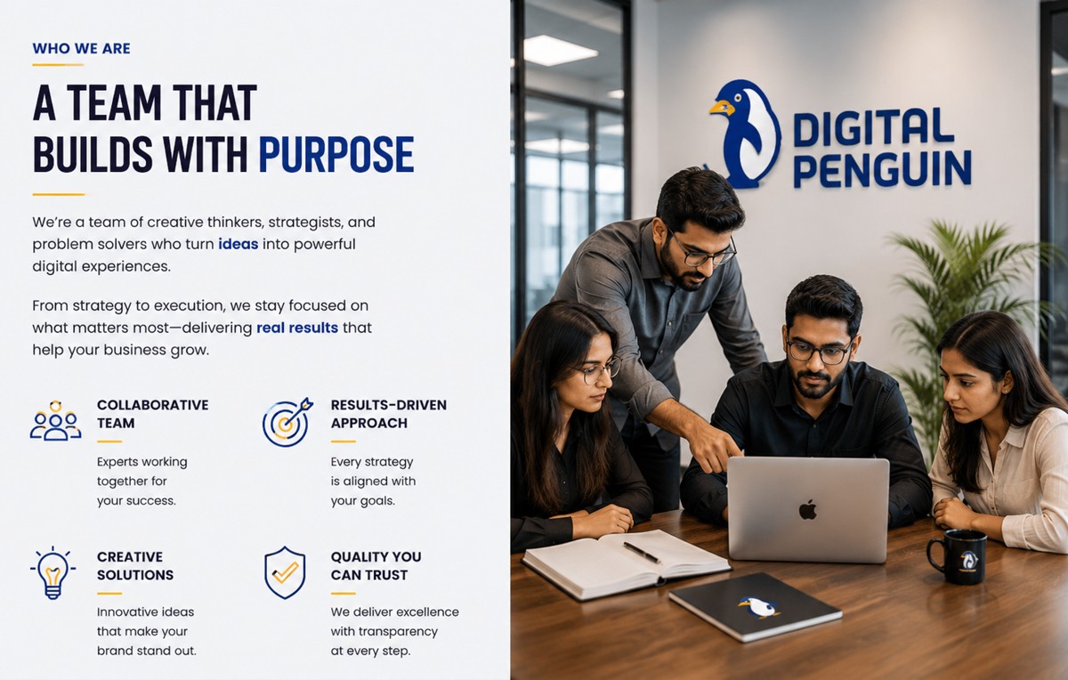 Who we are — a team that builds with purpose. We are creative thinkers, strategists and problem solvers who turn ideas into powerful digital experiences: collaborative team, results-driven approach, creative solutions, and quality you can trust.