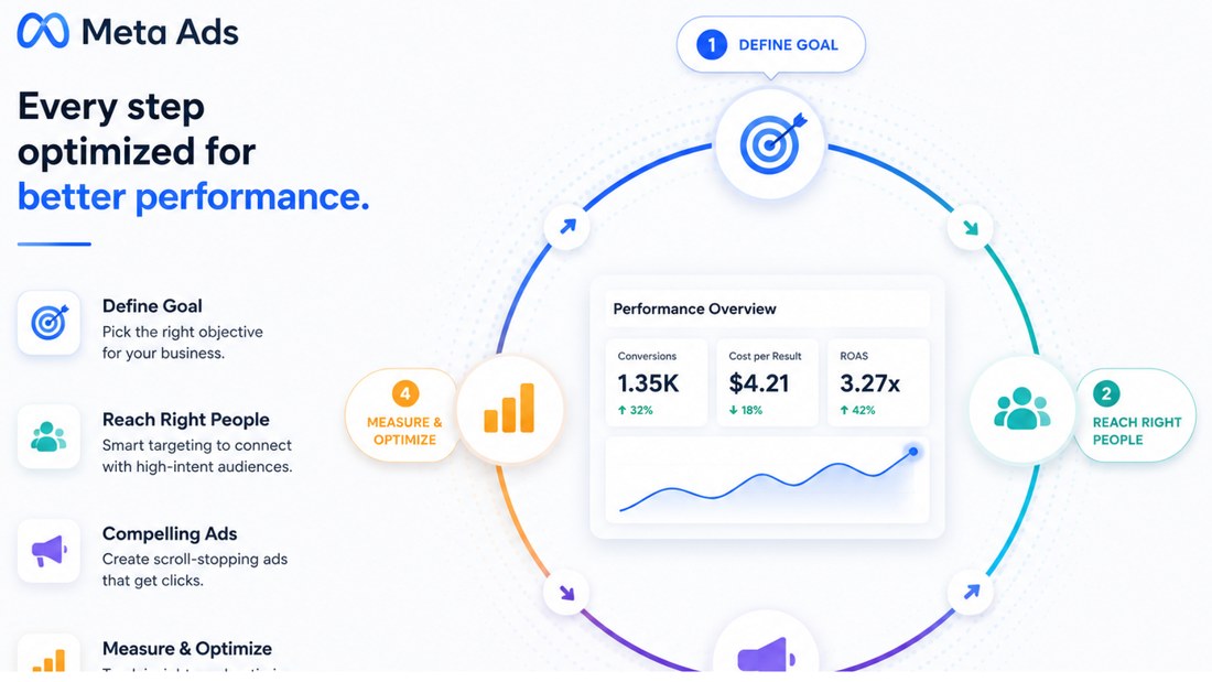 Meta ads process: define goal, reach the right people, compelling ads, measure and optimise