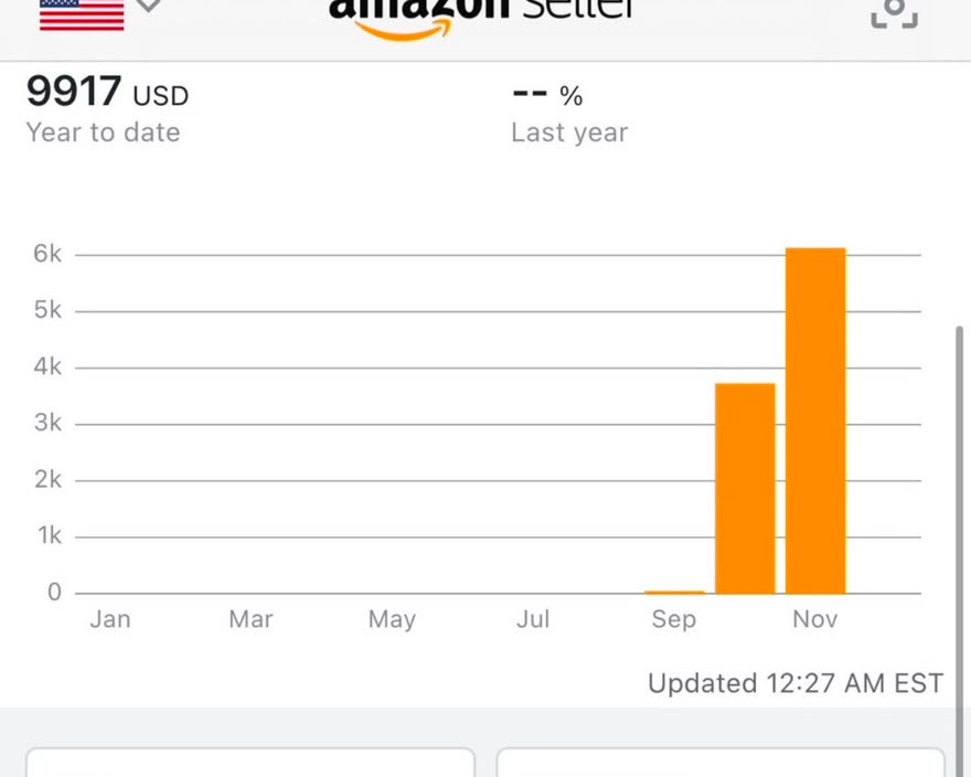 Amazon Seller Central dashboard showing $9,917 year-to-date product sales