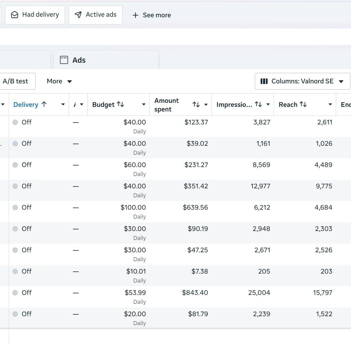Meta Ads campaign spend, impressions and reach across multiple campaigns