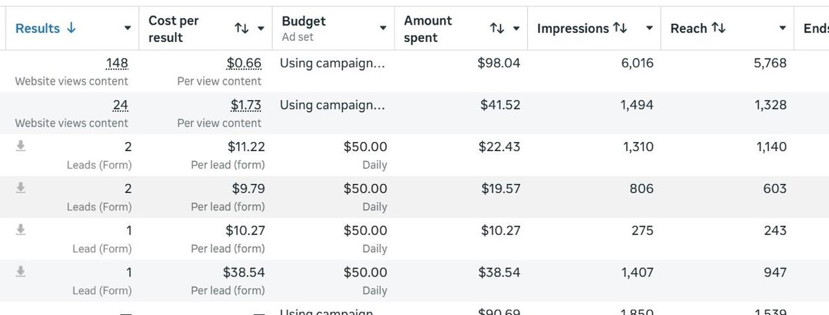 Meta Ads results showing 148 website content views at $0.66 each and leads generated from $9.79