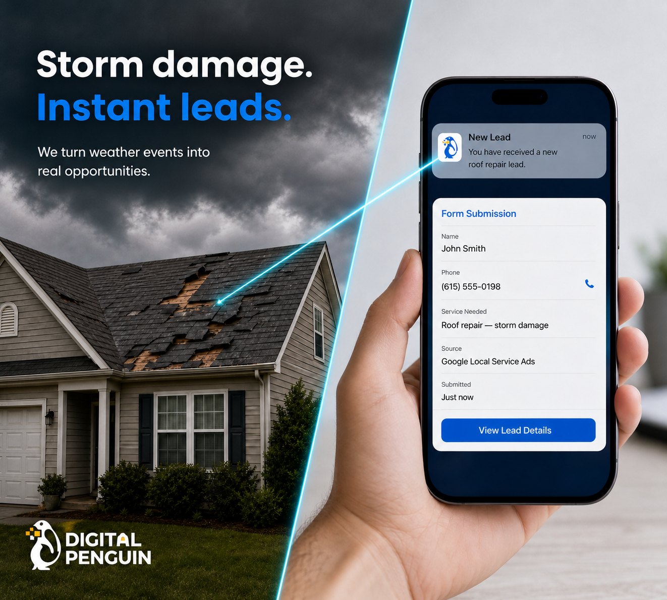 Storm damage, instant leads — a storm-damaged roof and a phone receiving a new roof repair lead notification