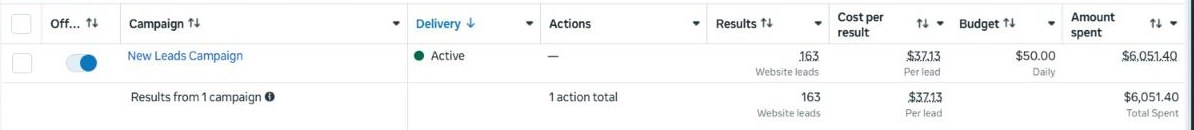 Meta Ads Manager results for JP's Roofing showing 163 website leads at $37.13 per lead