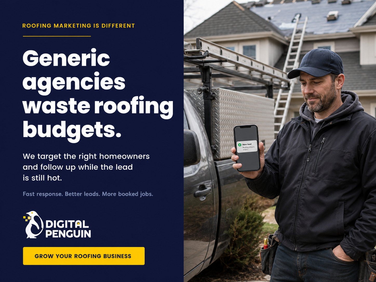 Roofing contractor checking a new roofing lead on his phone beside his work truck