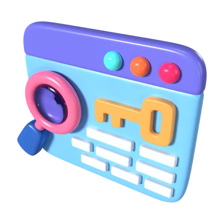 Keyword research icon — webpage with key and magnifying glass