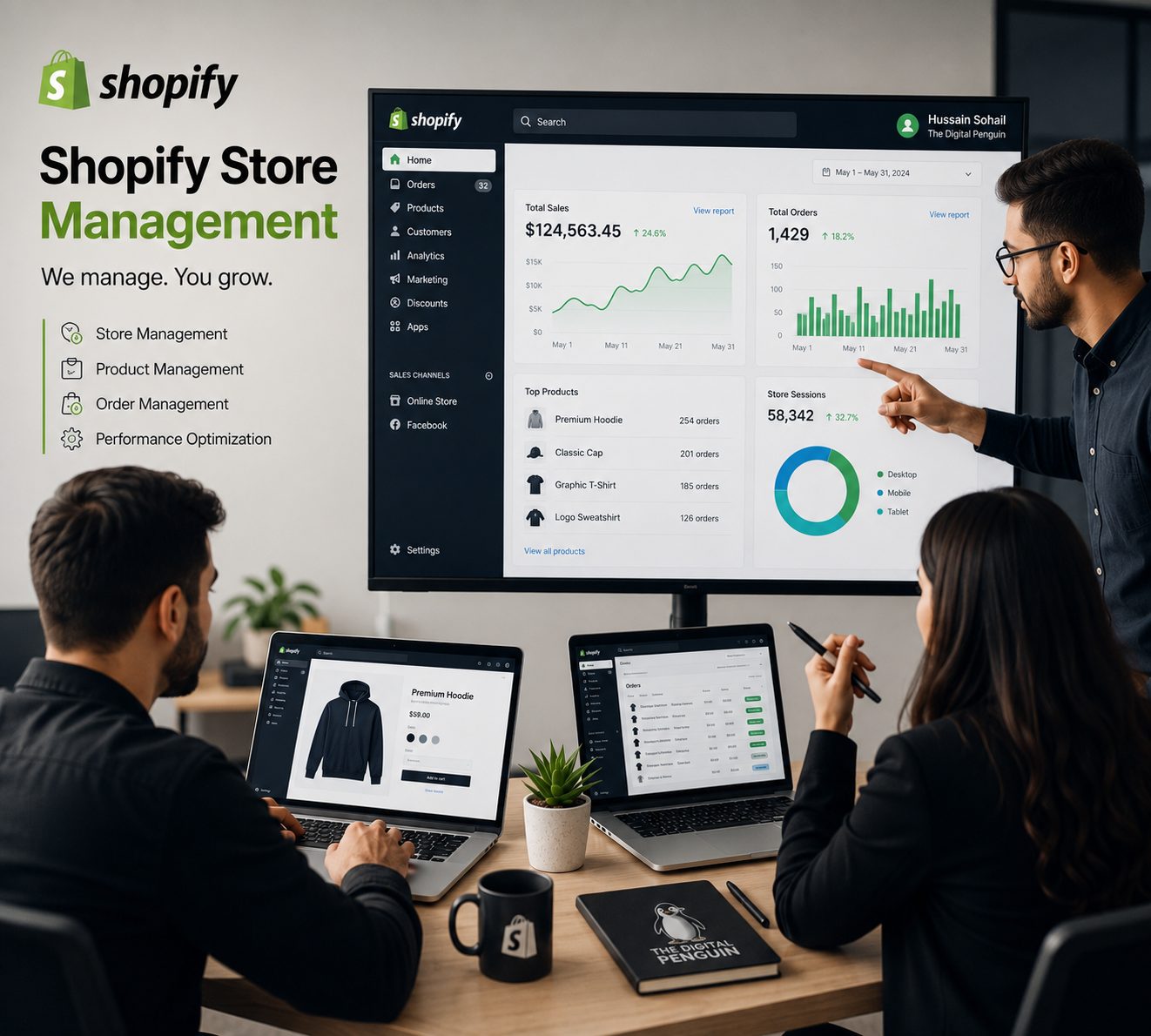 Shopify Store Management dashboard and team by The Digital Penguin