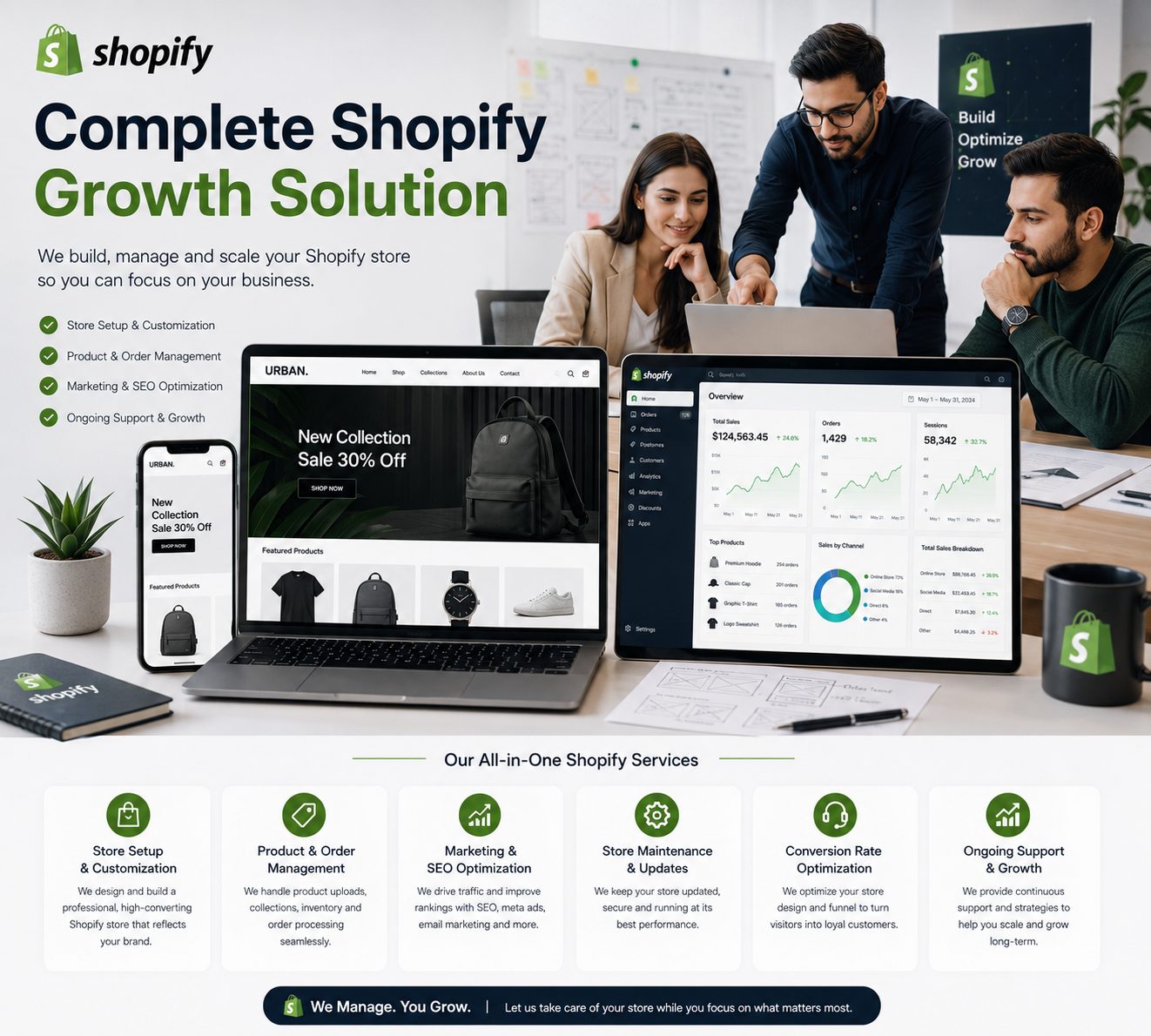 Complete Shopify growth solution — store setup, custom design, product management, checkout optimisation, marketing, and scaling, shown across desktop, laptop, and mobile