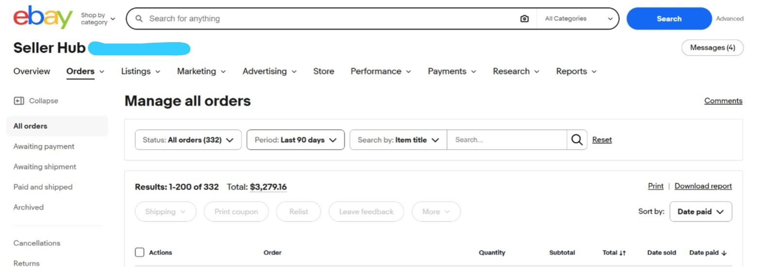 eBay Seller Hub showing 332 orders totalling $3,279.16 over the last 90 days