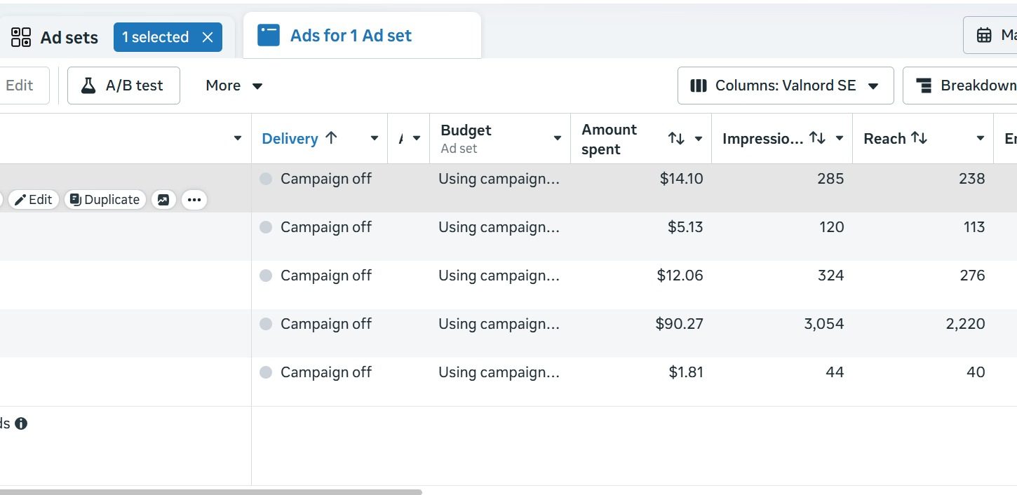 Meta Ads Manager ad set showing 3,054 impressions and 2,220 reach