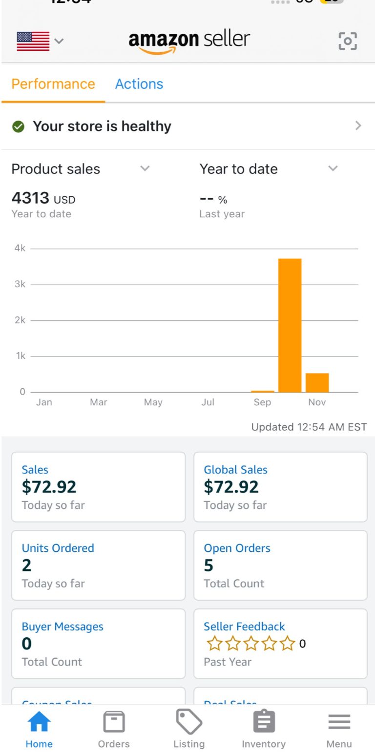 Amazon Seller dashboard showing $4,313 year-to-date product sales and $72.92 sales today