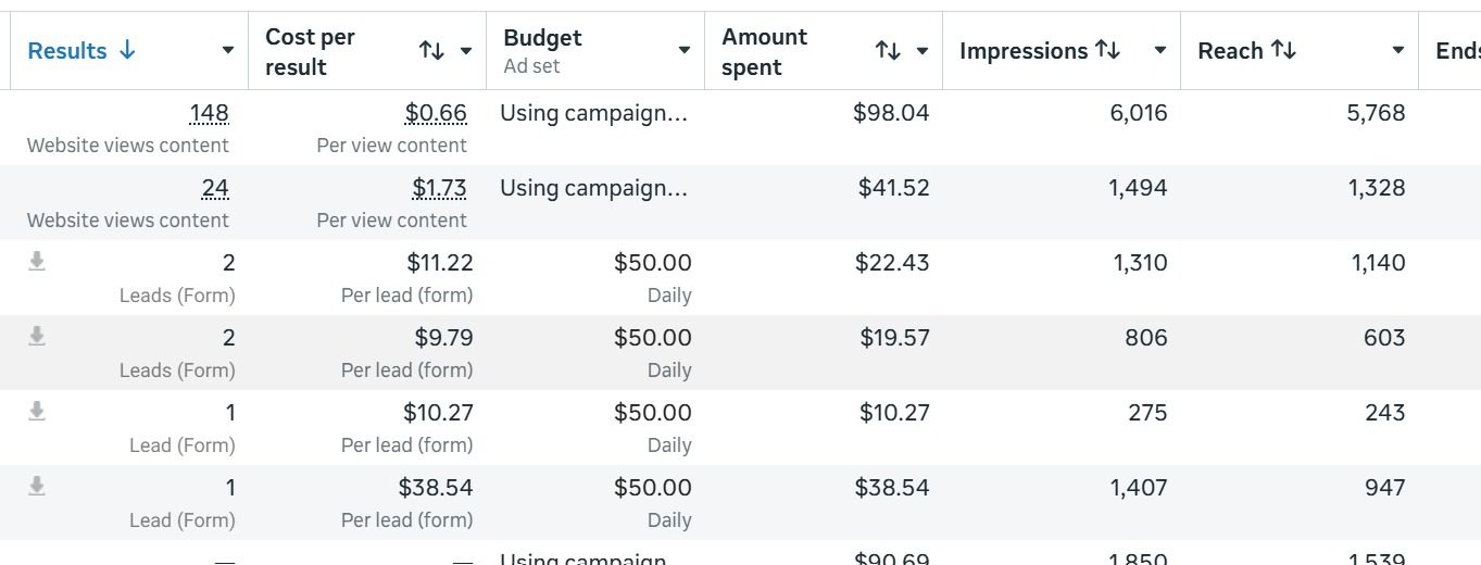 Meta Ads results showing 148 website content views at $0.66 each and leads from $9.79