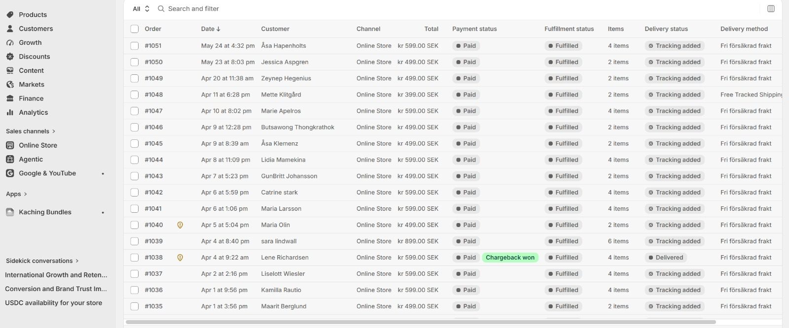 Shopify order history showing a stream of paid and fulfilled client orders with tracking added